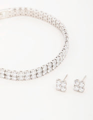Silver Cubic Zirconia Flower Earrings & Tennis Bracelet Set