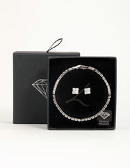 Silver Cubic Zirconia Flower Earrings & Tennis Bracelet Set
