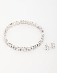 Silver Cubic Zirconia Flower Earrings & Tennis Bracelet Set