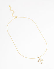 Gold Plated Cubic Zirconia Gothic Cross Necklace & Stud Earrings Set