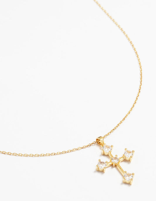 Gold Plated Cubic Zirconia Gothic Cross Necklace & Stud Earrings Set