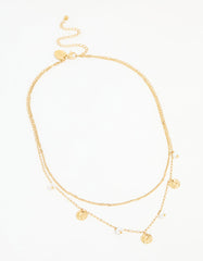 Waterproof Gold Plated Stainless Steel Pearl & Coin Layered Necklace
