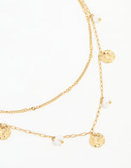 Waterproof Gold Plated Stainless Steel Pearl & Coin Layered Necklace