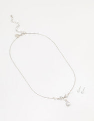 Silver Pearl Cubic Zirconia Drop Necklace & Earrings Set