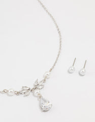 Silver Pearl Cubic Zirconia Drop Necklace & Earrings Set