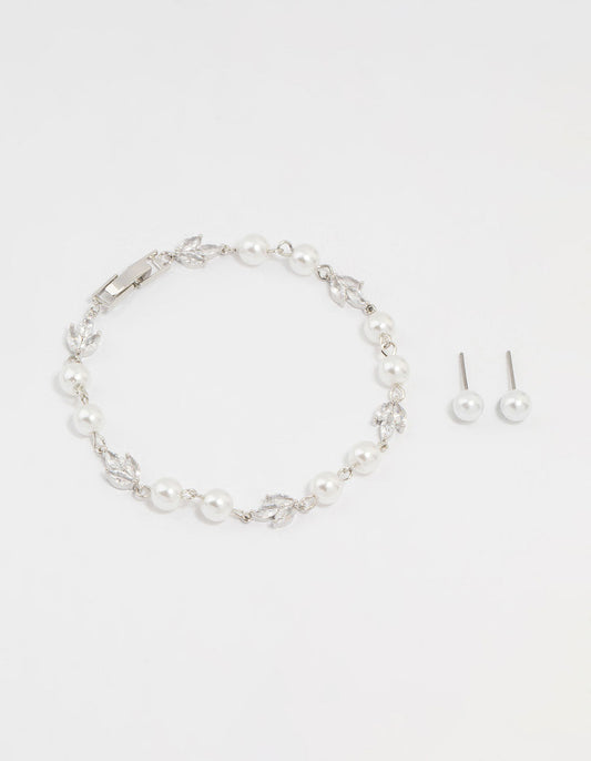 Silver Cubic Zirconia Pearl Leaf Bracelet & Earrings Set