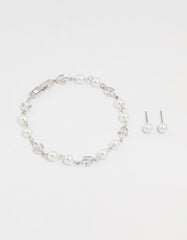 Silver Cubic Zirconia Pearl Leaf Bracelet & Earrings Set