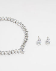 Silver Cubic Zirconia Marquise Tennis Bracelet & Earrings Set