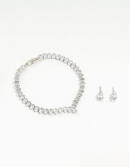 Silver Cubic Zirconia Marquise Tennis Bracelet & Earrings Set