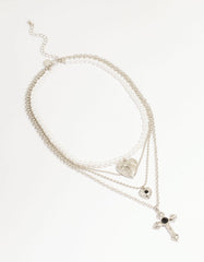 Silver Pearl Cross Layered Necklace