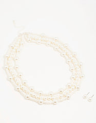 Silver Pearl Layered Necklace & Earrings Set