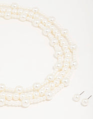 Silver Pearl Layered Necklace & Earrings Set