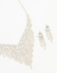 Silver Diamante Cupchain Tassel Vine Necklace & Earrings Set