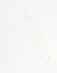 Mixed Metal Cross Cubic Zirconia Pendant Necklaces 2-Pack