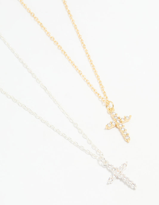 Mixed Metal Cross Cubic Zirconia Pendant Necklaces 2-Pack