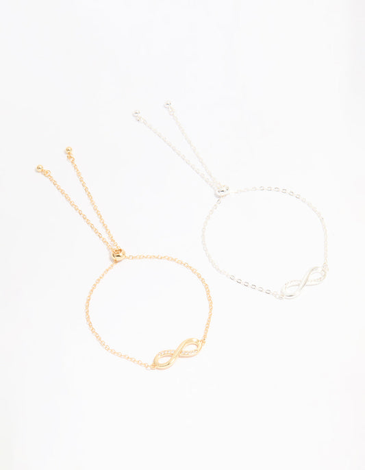 Mixed Metal Infinity Cubic Zirconia Toggle Bracelets 2-Pack