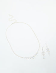Silver Cubic Zirconia Navette Leaf Necklace & Earrings Set