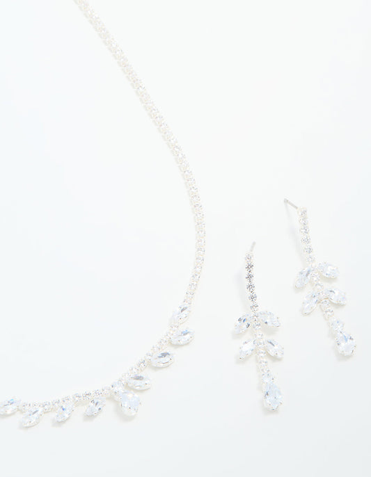 Silver Cubic Zirconia Navette Leaf Necklace & Earrings Set