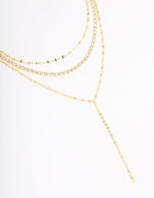 Gold Plated Tennis Chain Layered Y-Necklace