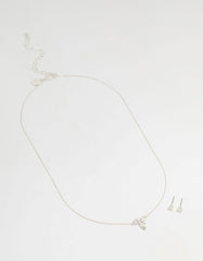 Silver Cubic Zirconia Bow Necklace & Earrings Set