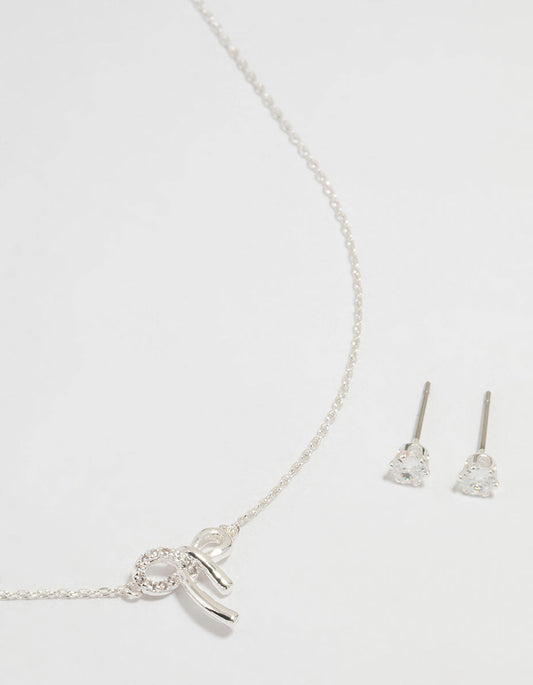 Silver Cubic Zirconia Bow Necklace & Earrings Set