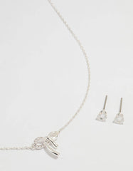 Silver Cubic Zirconia Bow Necklace & Earrings Set