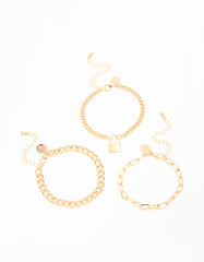 Gold Mixed Chain & Lock Bracelet 3-Pack