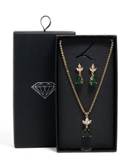 Gold Green Cubic Zirconia Pear Necklace & Earrings Set