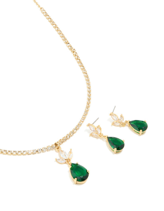 Gold Green Cubic Zirconia Pear Necklace & Earrings Set