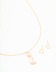 Gold Cubic Zirconia Classic Teardrop Earrings & Necklace Set