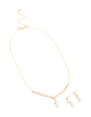 Gold Cubic Zirconia Flower Vine Necklace & Drop Earrings Set