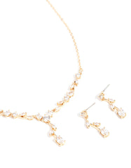 Gold Cubic Zirconia Flower Vine Necklace & Drop Earrings Set