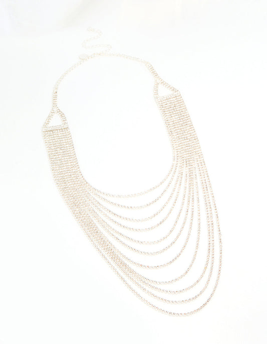 Silver Diamante Long Layered Chain Necklace