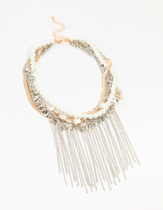 Mixed Metal Pearl Chain Fringe Necklace