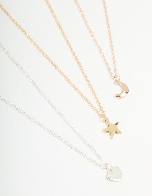 Mixed Metal Star, Moon & Heart Necklaces 3-Pack