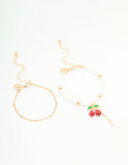 Gold Pearl Cherry & Ball Chain Bracelets 2-Pack