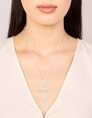 Silver Plated Cubic Zirconia Large Cross Pendant Necklace