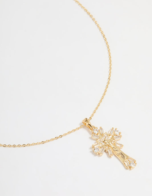 Gold Plated Cubic Zirconia Baguette Cross Pendant Necklace