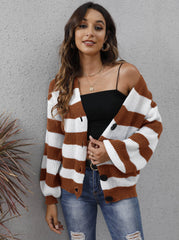 Women's Cardigan Striped Button Stitching Woven Sweater