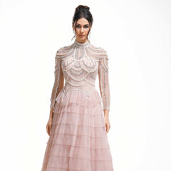 Elegant And Heavy Craft Long Sleeve Beaded Dress