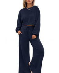 Women's Solid Color Casual Long Sleeves Trousers Two-piece Set