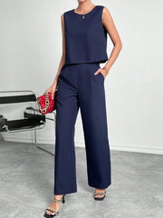 Round Neck Sleeveless Top Wide Leg Pants Two-piece Set