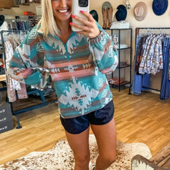 Green Quarter Zip Elastic Cuffs Aztec Sweatshirt