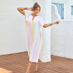 Beach Cover-up Rainbow Color Long Slit V-neck