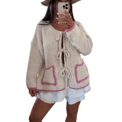 Women's Contrast Color Elegant Fashion Casual Loose Front Lace-up Pocket Knitted Cardigan