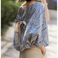 Women's Refreshing Loose Batwing Sleeve Back Lace-up Bow Floral Shirt Top