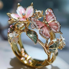 INS Flower Butterfly Ring With Rhinestones And Oil Dropping Design Fashion Personalized Jewelry For Women