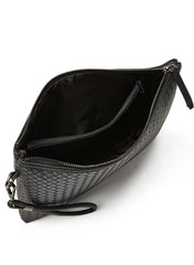 Men’s Black Woven Leather Clutch – Luxury Hand Strap Zip Pouch for Travel & Essentials