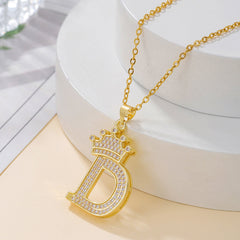 1PCS Fashionable Gold Diamond Crown Uppercase Letter Popular Pendant Necklace Suitable For Daily Use Festivals Parties Gifts Jewelry Set