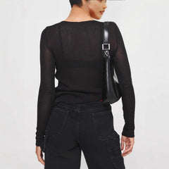 Mesh Round Neck Slim And Ultra-thin Sheer Long Sleeve Irregular T-shirt